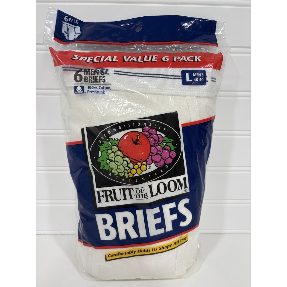 1996 Fruit Of The Loom 6 PACK Mens White Briefs Size L Vintage Underwear 38-40